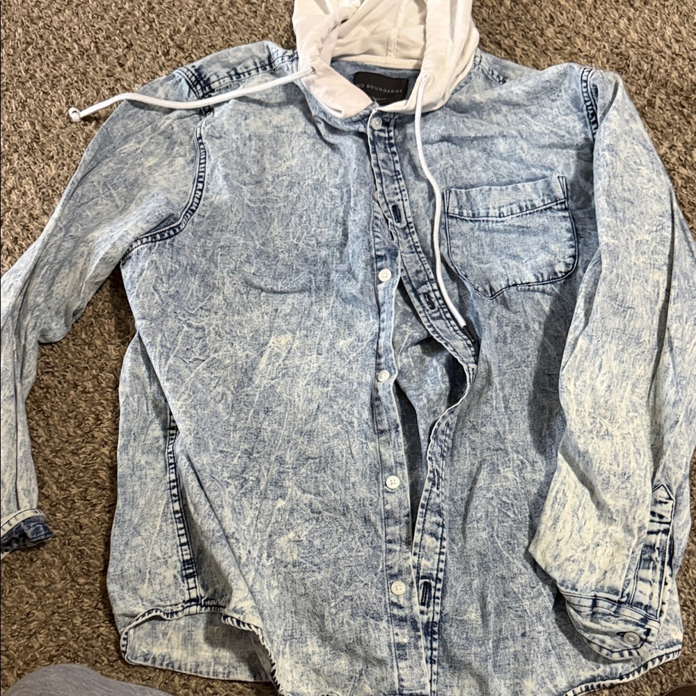 No Boundaries Light Blue Acid Wash Hooded Button-Up Shirt